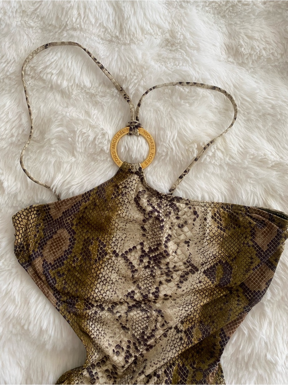 Olive Snake-Print Cutout One-Piece Swimsuit with Gold Rings and - Picture 2 of 5